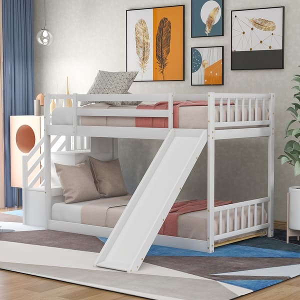 slide 2 of 13, Rustic Style Twin over Twin Low Bunk Bed with Convertible Slide,Staircase with Storage Shelf,Sturdy Wood Bed White