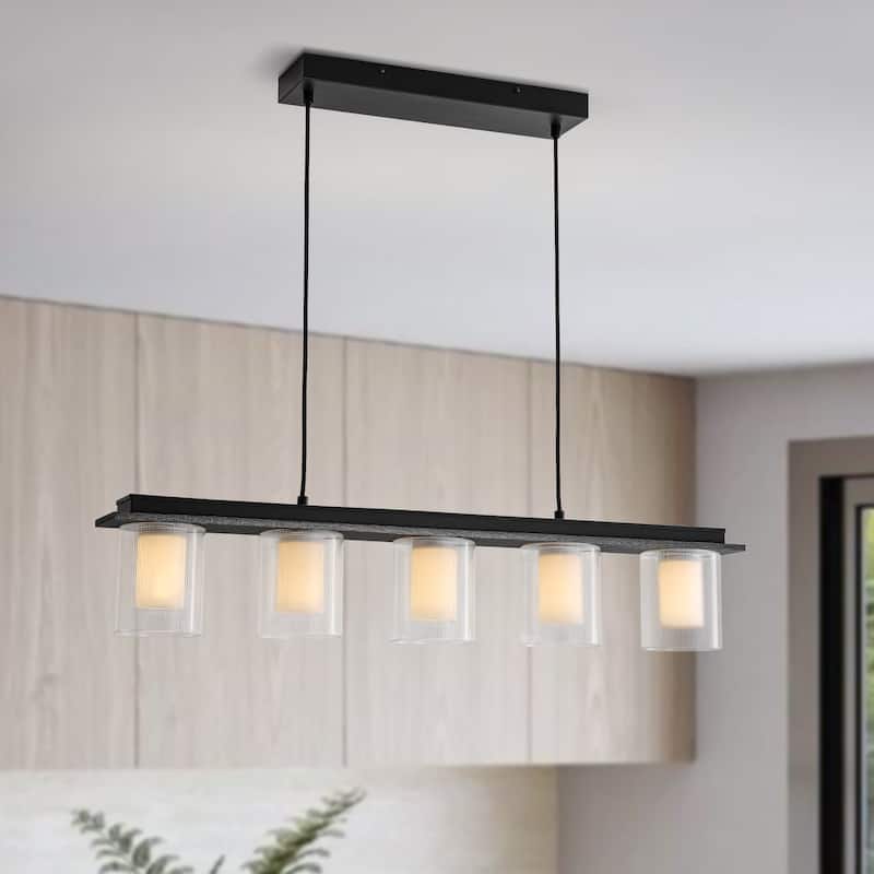 Modern Farmhouse 5-Light Dual-Layered Glass Dimmable LED Linear Chandelier - 35in