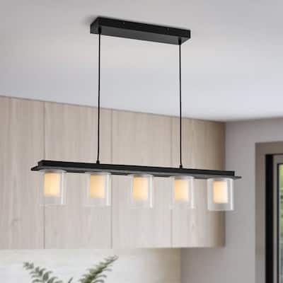 Modern Farmhouse 5-Light Dual-Layered Glass Dimmable LED Linear Chandelier - 35in