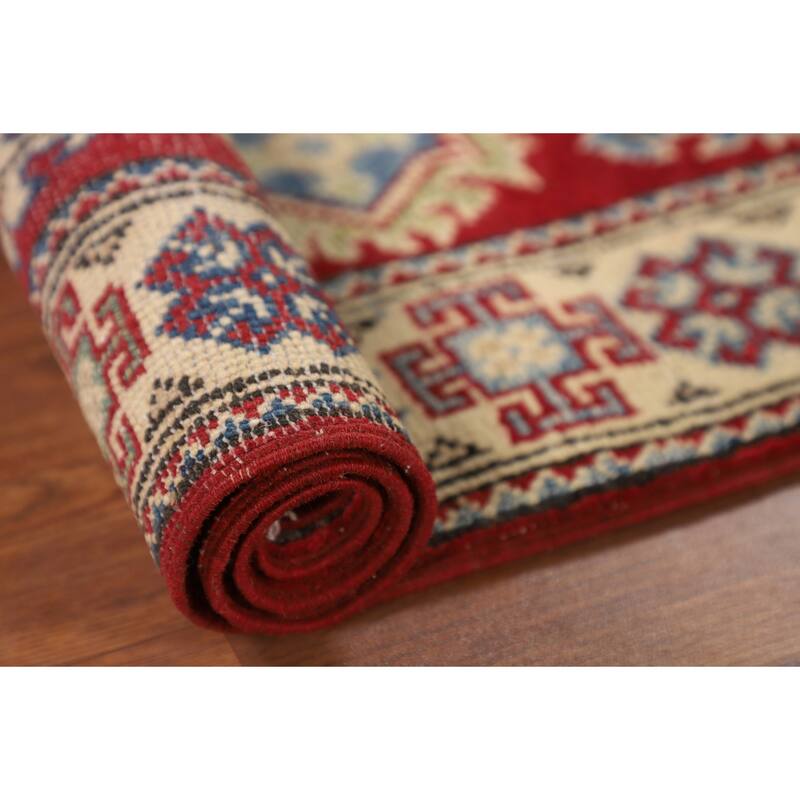 Geometric Red Kazak Accent Rug Handmade Wool Carpet - 2'9" x 4'0"
