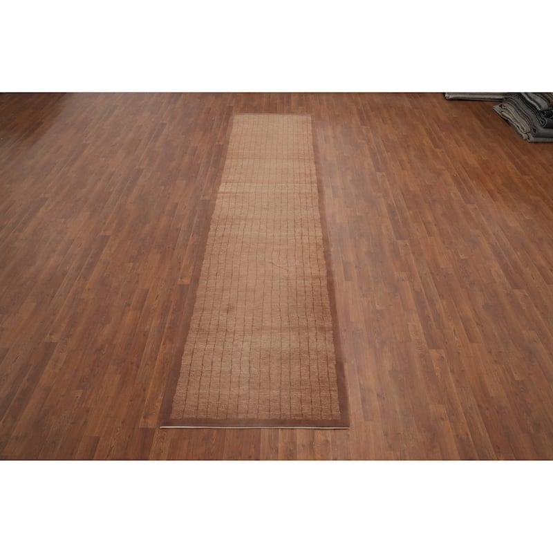 Hand Knotted Oriental 100% Wool Carpet Modern Stripe Brown Nepalese Runner Rug - 12' 3'' X 3' 0''