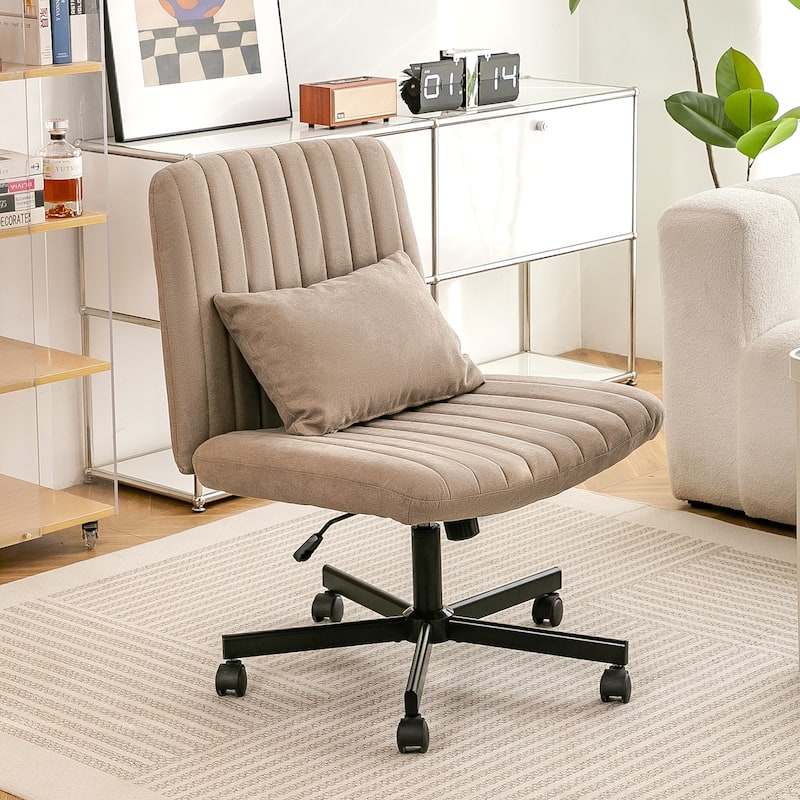 Criss Cross Chair with Wheels, Adjustable Armless Swivel Rolling Chair, Linen Upholstered Office Chair with Lumbar Pillow
