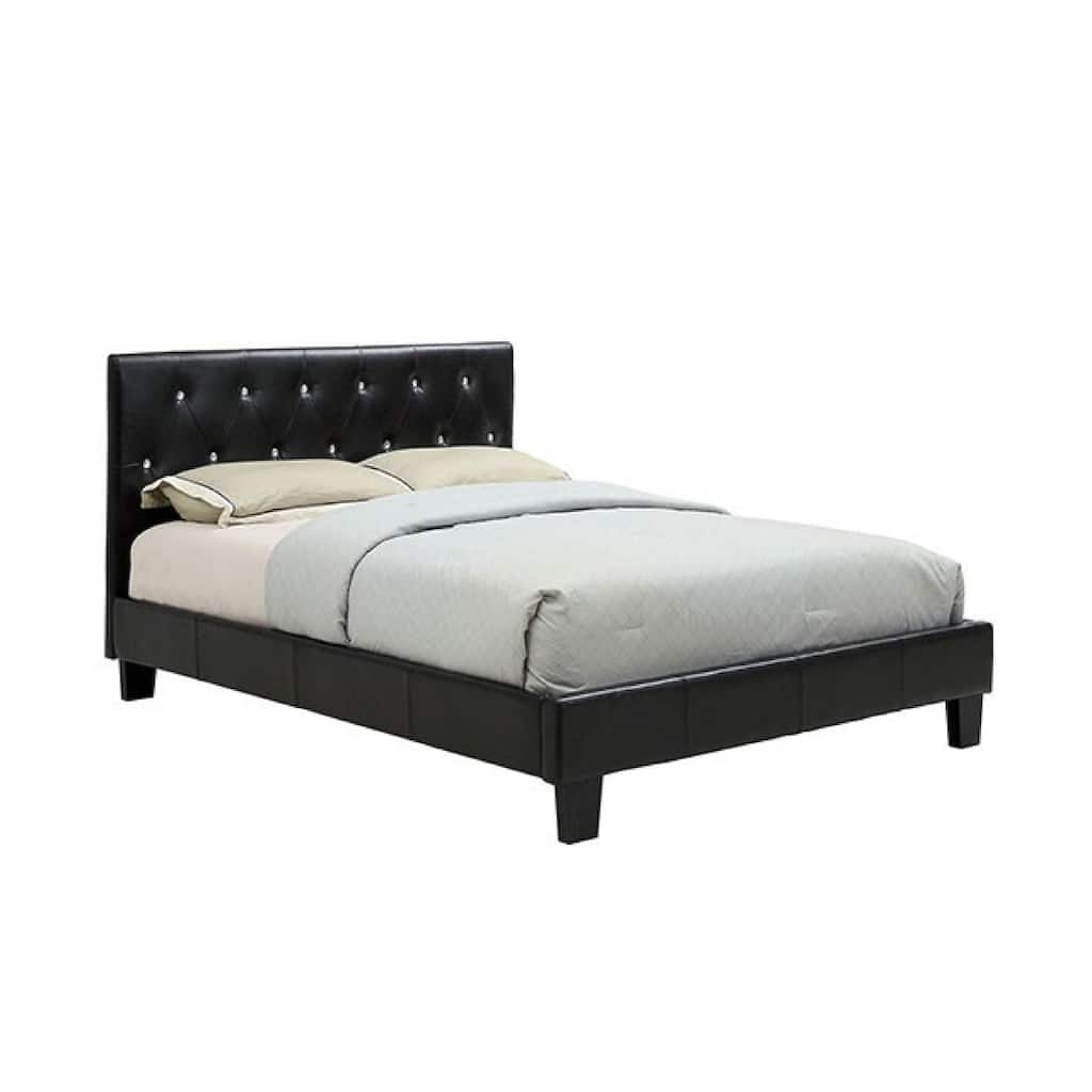 Legy Queen Size Bed, Button Tufted Black Faux Leather Upholstery
