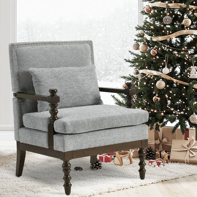 EROMMY Modern Accent Chair with Lumbar Pillow, Linen Fabric Spindle Arm Chair with Wood Frame for Living Room, Bedroom, Office