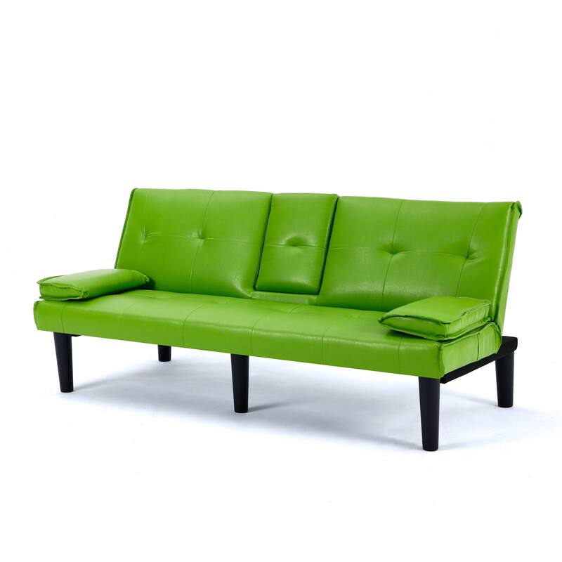 The 67-inch black PVC multi-functional sofa bed with a foldable and cup holder design