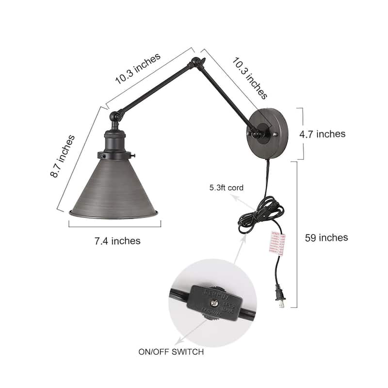 Set of 2 Modern Adjustable Swing Arm Lights Plug-in Hardwire Wall Sconces