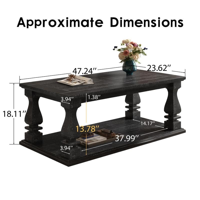Farmhouse 47.24" Coffee Table with Heavy Planked Top and Storage for Rustic Living Room Style