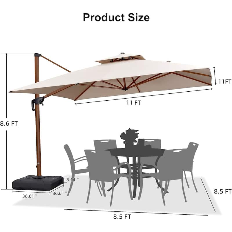 PURPLE LEAF 11ft Square Wood Pattern Patio Cantilever Umbrella with Base