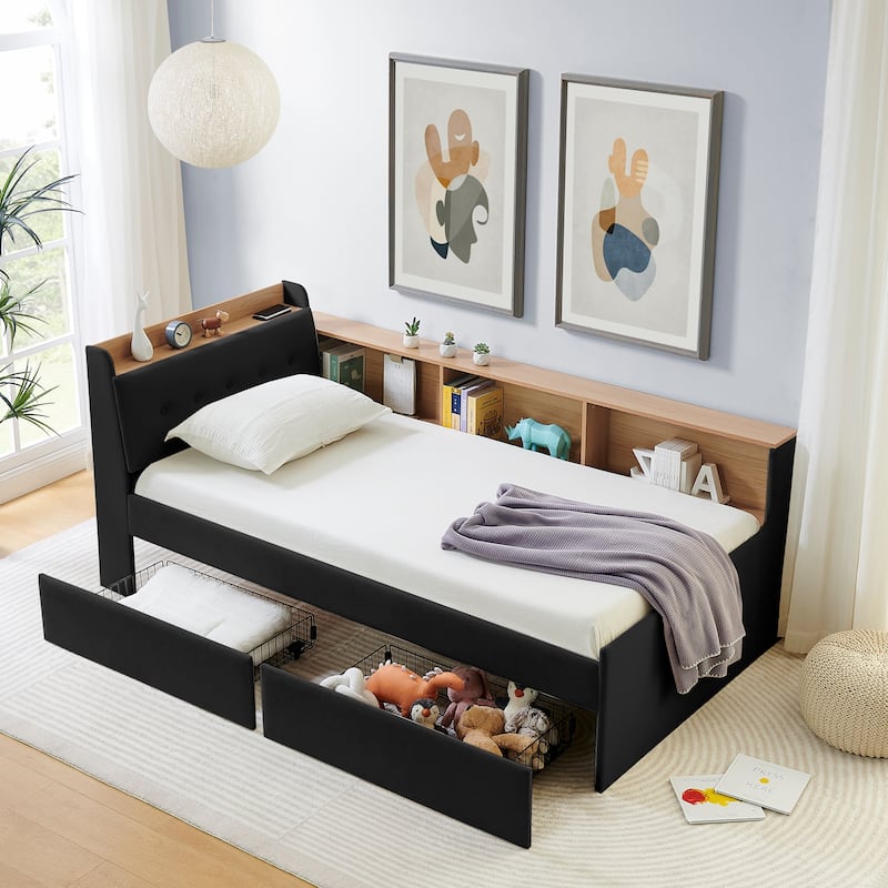 Twin Size Day Bed with Storage Headboard and Wireless Charging, Multi-functional Daybed with Two Storage Drawers & LED Lights