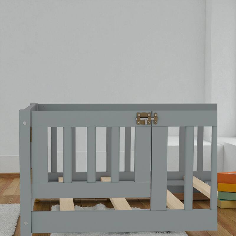 Twin/Full/Queen Size Wood Floor Bed with Door and Guardrails for Kids, Montessori Bed with Removable Slats