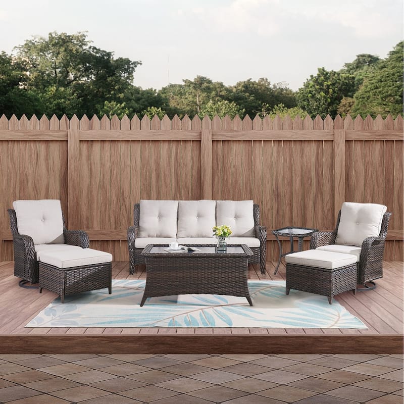 Gymojoy 7-Piece Outdoor Wicker Patio Furniture with 3 Seat Sofa, Rattan Coversation Set with Water Resistant Thick Cushions - Brown Wicker / Beige Cusion - 7-Piece