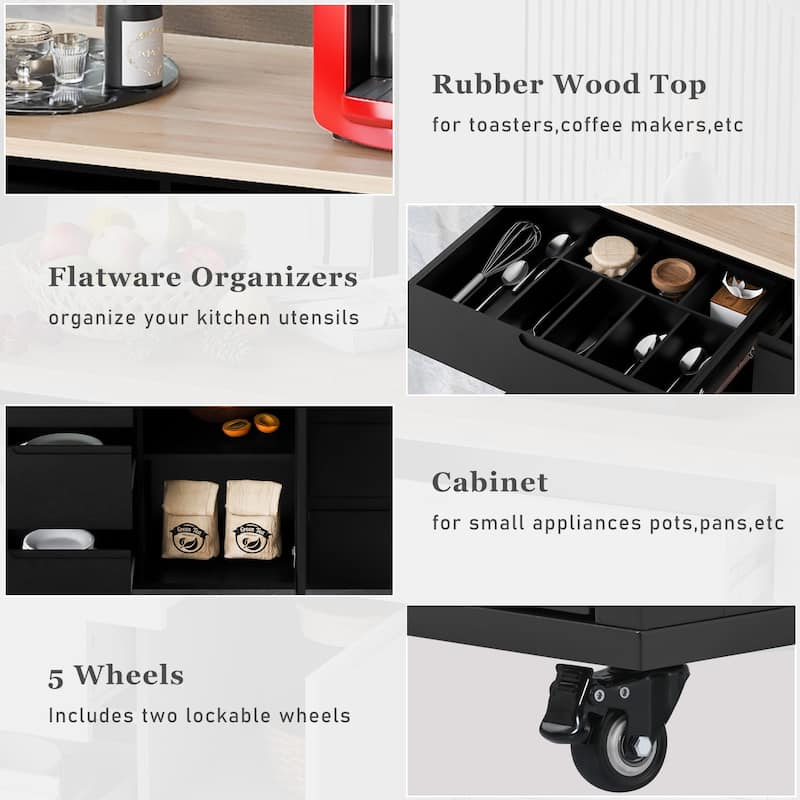 Kitchen Cart,Kitchen Island with Rubber Wood Countertop with 8 Handle-Free Drawers and 5 Wheels