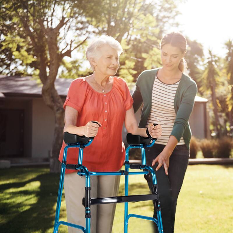 Costway Folding Wheel Walking Frame Adjustable Alloy Walker W/Armrest - See Details