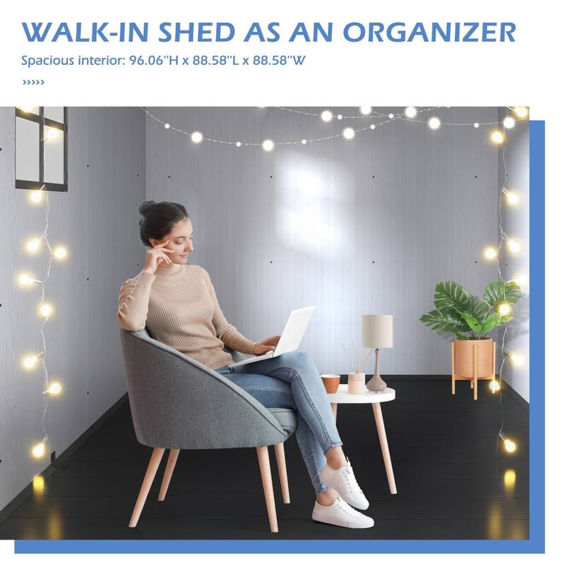 8ft Outdoor Plastic Storage Shed With Floor, 435 Cuft Waterproof Garden Shed With Lockable Door, Plastic Tool Storage