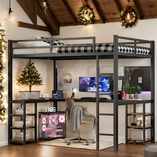 Metal Full XL Loft Bed with Desk and Shelves,Ladder and Guardrails