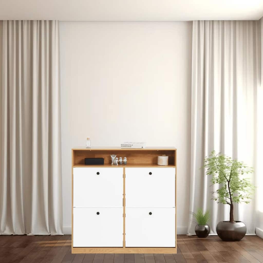 Freestanding Shoe Storage Cabinet Organizer with Anti-Tip Design, Adjustable Shelves, and Wooden Handles for Narrow Spaces