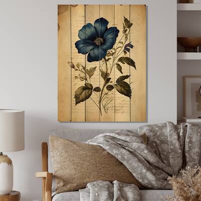Designart 'Blossoming Blue Retro Flower I' Floral Wood Wall Art - Natural Pine Wood