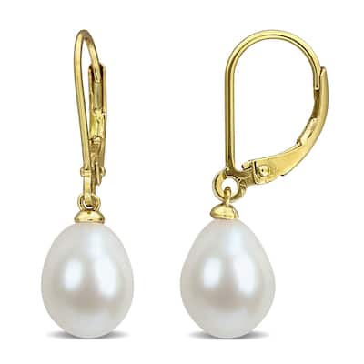 Miadora 8-8.5mm Cultured Freshwater Drop Pearl Leverback Earrings Yellow Plated Sterling Silver