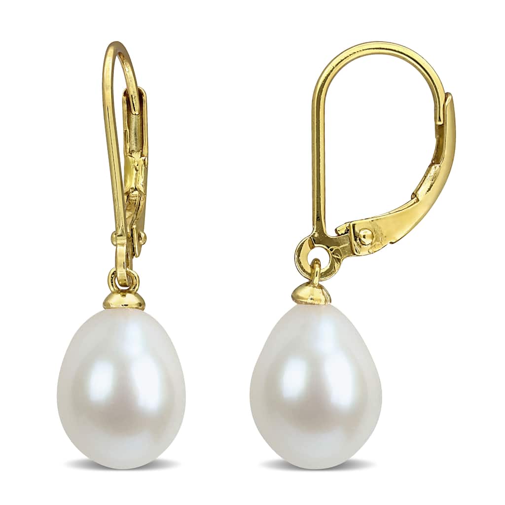 Miadora 8-8.5mm Cultured Freshwater Drop Pearl Leverback Earrings Yellow Plated Sterling Silver