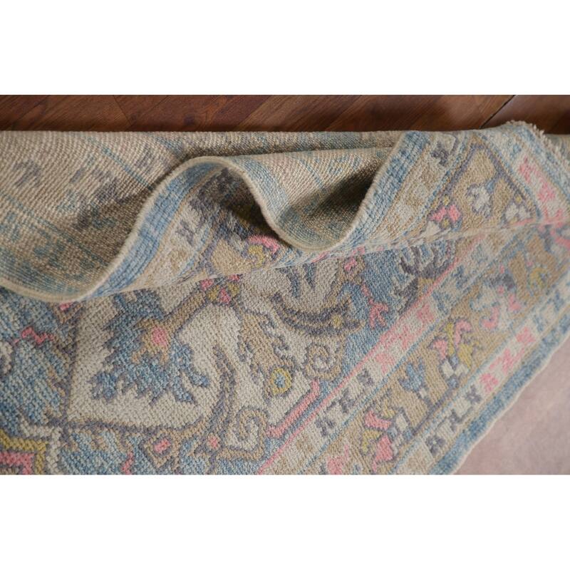 Handmade Vegetable Dye Oushak Turkish Runner Rug Blue Wool Carpet - 3'1"x 11'3"