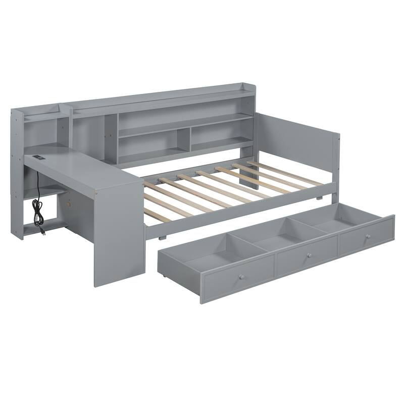 Daybed with Storage Drawers, Desk & USB Ports, Twin/Full Size Wooden Frame for Kids & Teens