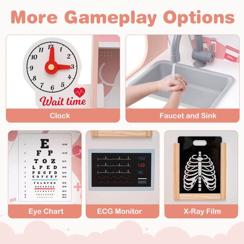 Honeyjoy Wooden Doctor Play Set with Clock Sink Eye Chart ECG Monitor - See Details