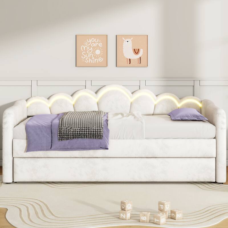 Twin XL Velvet Upholstered Daybed with Pull-Out Trundle and Wave Backrest LED Light