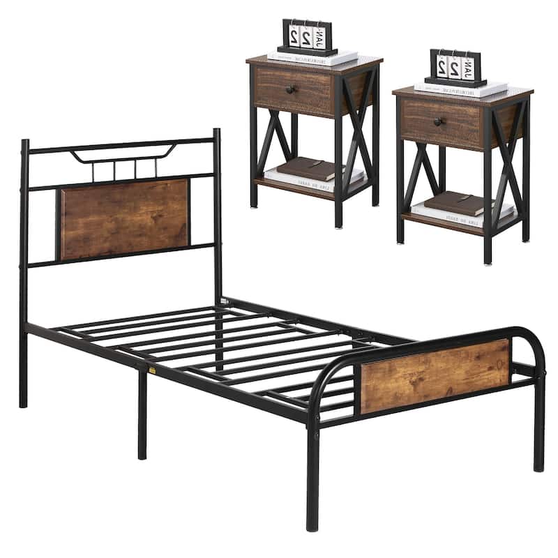 Taomika Mid Century 3-Pieces Bed and Nightstands Sets