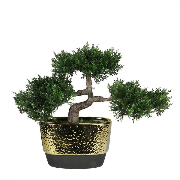 10" Decorative Artificial Japanese Bonsai Tree in Oval Gold Plated Ceramic Pot