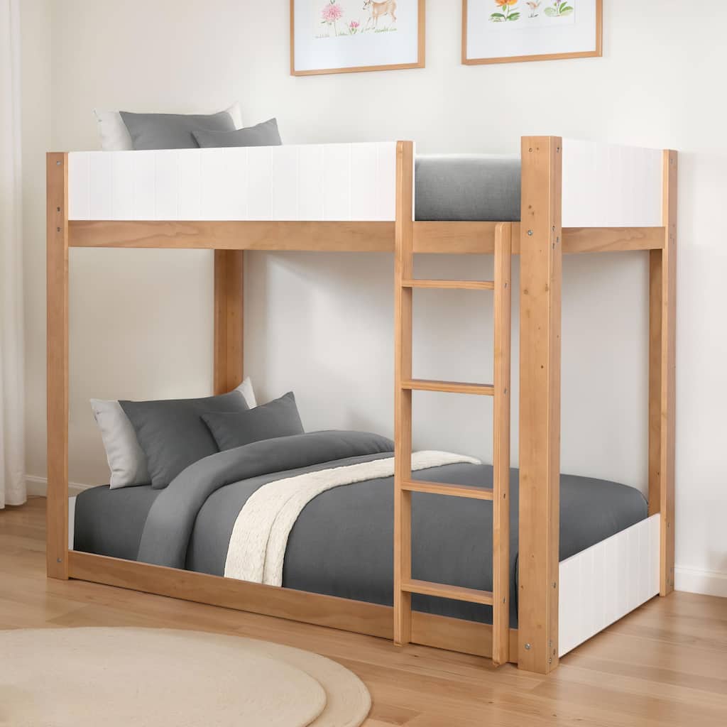 Furniture of America Oryas White and Natural Solid Wood Twin over Twin Low Profile Bunk Bed