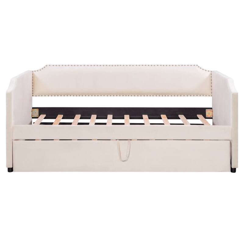 Extendable 2-in-1 Daybed Frame, Space-Saving Twin to King Design,Twin Size Velvet Upholstered Daybed with Pop Up Trundle