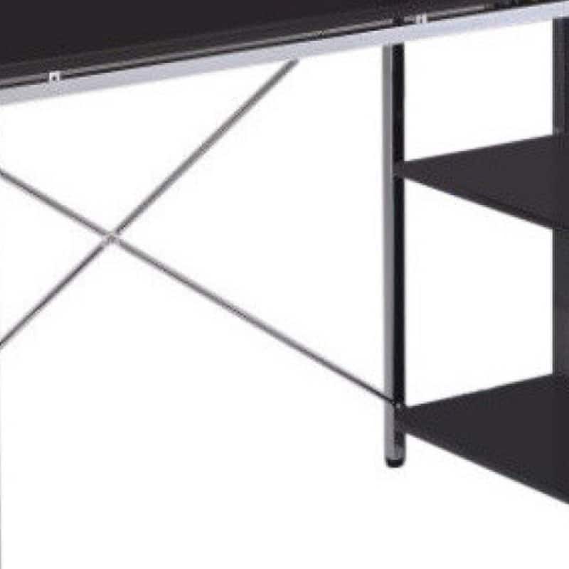 Black Wood Top Computer Desk with Silver Metal H-Shape Base and Shelving