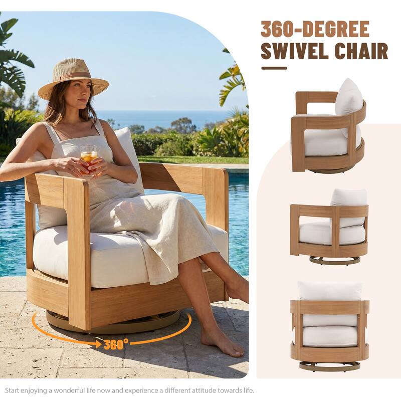 Outdoor 5-Piece Conversation Set Sofa and Swivel Chair with Coffee Table in Eucalyptus Wood