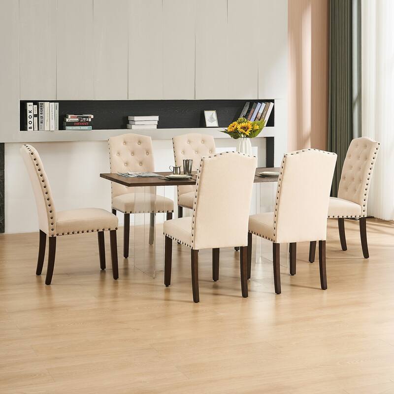 Fabric Upholstered Tufted High Back Dining Chairs with Nailhead Trim - Set of 6 - Beige