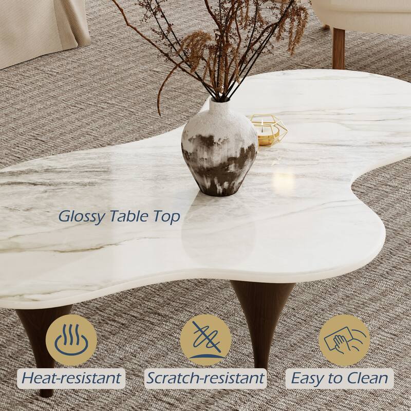 54.8" Modern Coffee Table, Glossy Faux Marble top, Metal Legs with wood texture