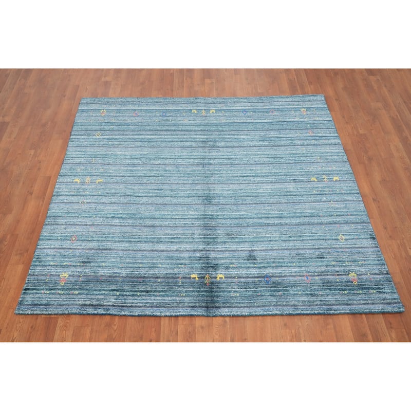 Hand Knotted Oriental Viscose Silk Carpet Tribal Animal Pictorial Navy Blue & Blues Gabbeh Area Rug - 5' 9'' X 6' 3''