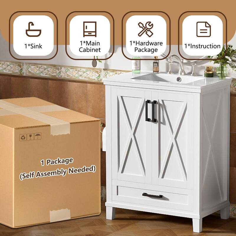 Bathroom Vanity with Sink, Bathroom Wooden Storage Cabinet, Free Standing Bathroom Vanity with Divided Drawer & Double Shelf