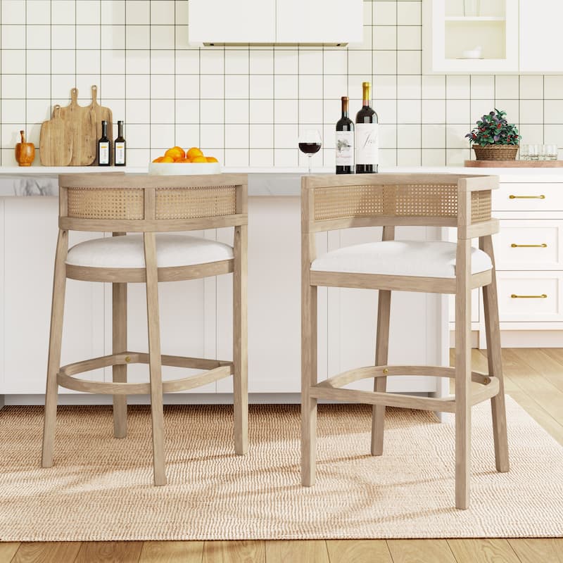 Christopher Knight Home-Glovers Wood And Rattan Upholstered Bar Stools Set of 2 - Light Ash+Beige