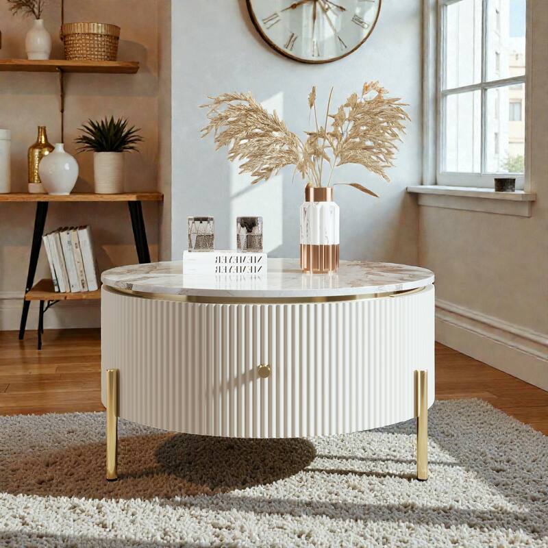 Modern Round Coffee Table with 2 Large Drawers, Marble Pattern MDF Top and Gold Metal Legs - Off-White