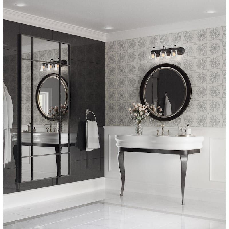 Three-Light Matte Black Transitional Bath and Vanity Light with Clear ...