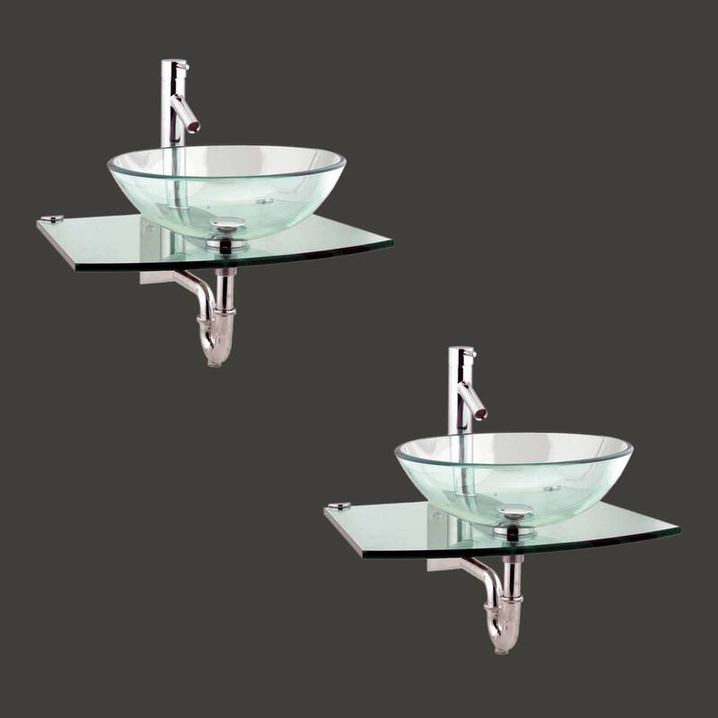 Clear Glass Wall Mounted Round Vessel Sink with Chrome Faucet and Drain Pack of 2