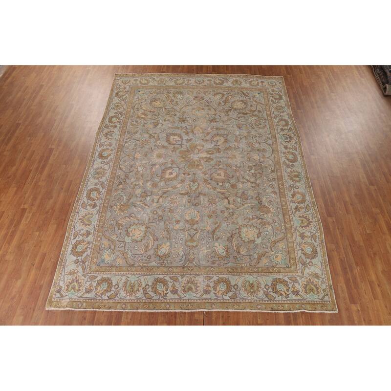 Distressed Tabriz Antique Persian Rug Hand-Knotted Wool Carpet - 9'6" x 13'2"