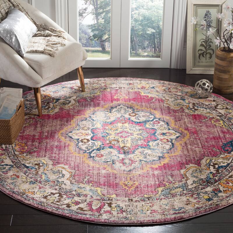 SAFAVIEH Bristol Janushka Vintage Boho Oriental Polyester Rug - 7' Round - Fuchsia/Light Grey