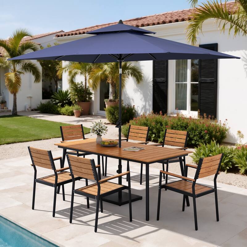9PC Outdoor Patio Dining Set Wood-Like Aluminum Umbrella Hole Table with Stackable Armchairs,Double Top Market Umbrella and Base - BrownTable&BrwonChairs&NavyBlueUmbrella