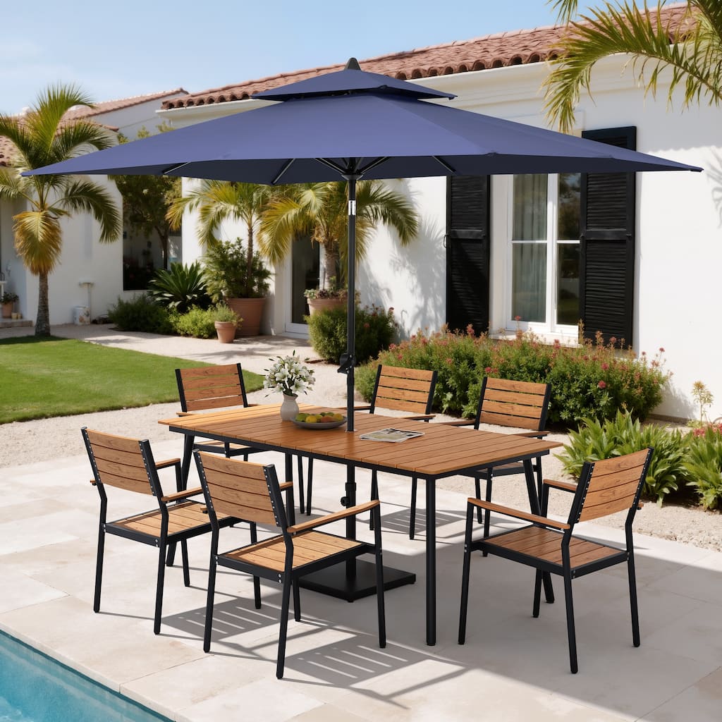 9PC Outdoor Patio Dining Set Wood-Like Aluminum Umbrella Hole Table with Stackable Armchairs,Double Top Market Umbrella and Base