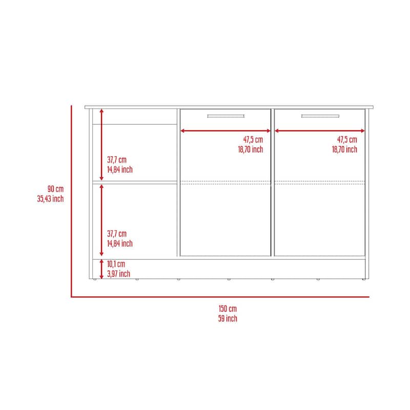 TUHOME Juniper Kitchen Island with Large Top Surface, Double Door Cabinet, and Open Shelves