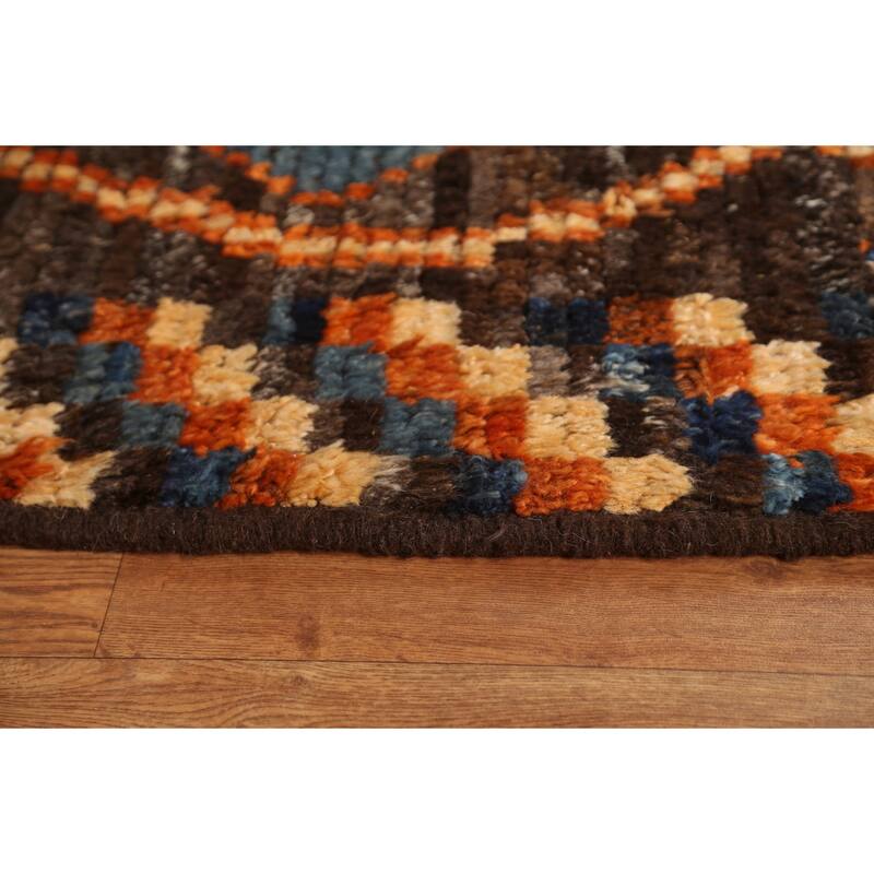 Hand Knotted Oriental 100% Wool Carpet Modern Tribal Brown Moroccan Area Rug - 9' 9'' X 6' 9''