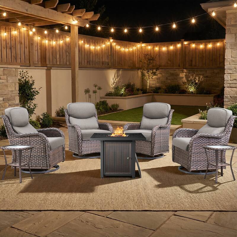 Pocassy 30 In Outdoor Fire Pits with Patio Sofa Swivel Glider Chari Furniture. - Brown Wicker Gray Cushion - 7-Piece Swivel Chair Table w/ Fie Pit Table