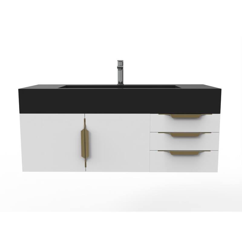 Nile 48" Wall Mounted Bathroom Vanity Set w/ Black Top - White - Gold Finish