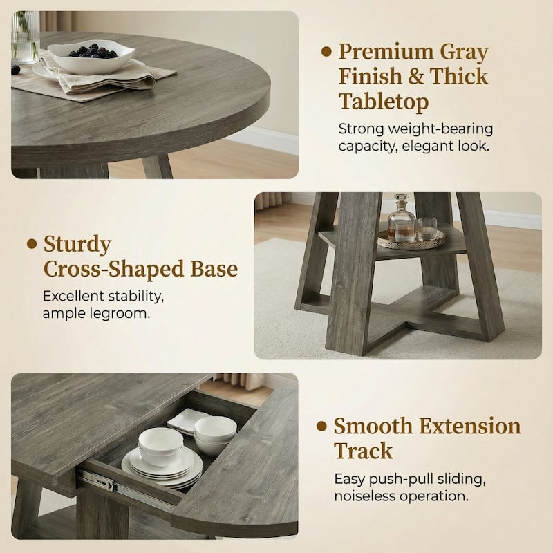 43.3"-59" Extendable Round Dining Table with Storage Shelf